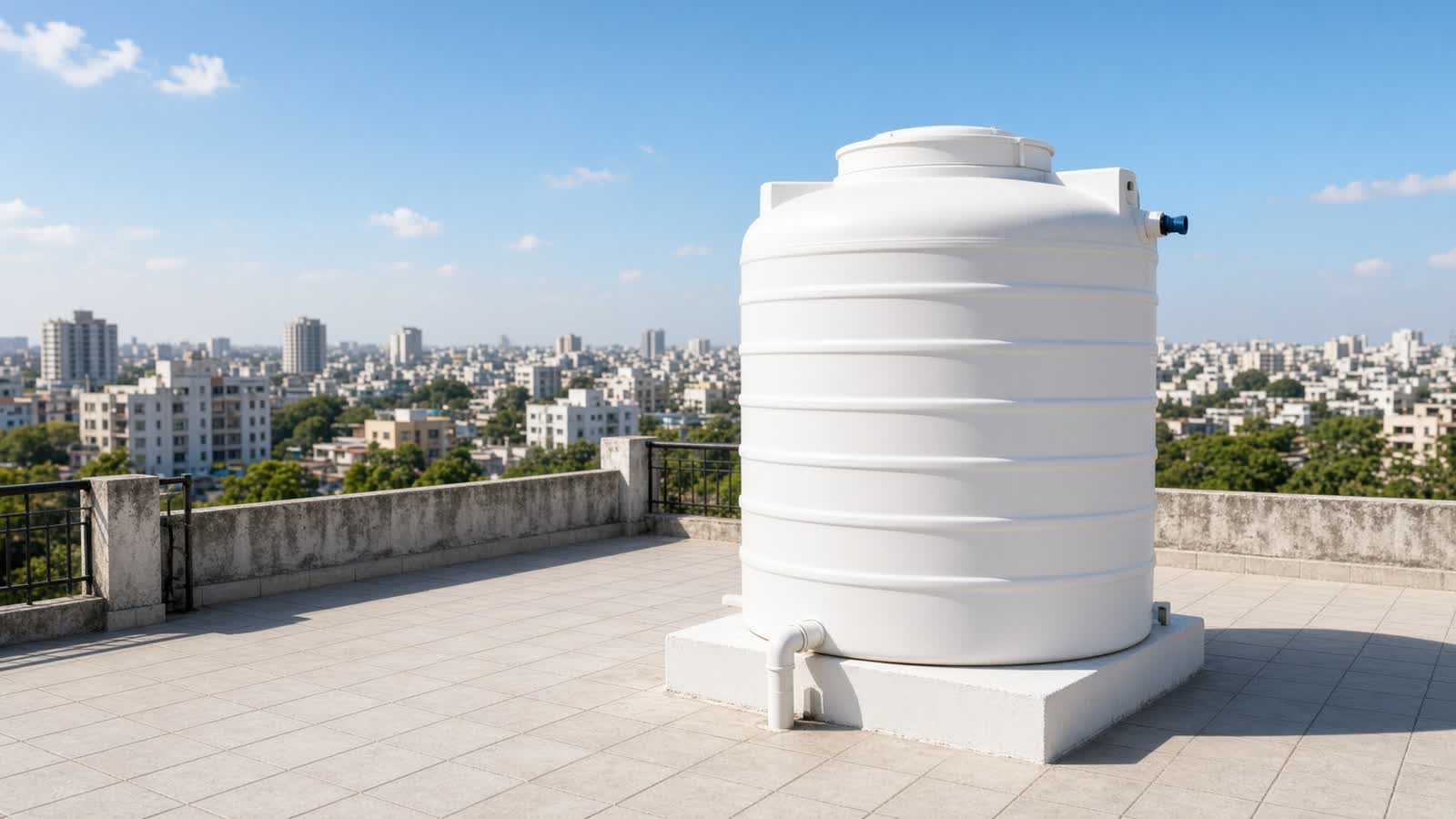 A white rooftop water tank in daylight