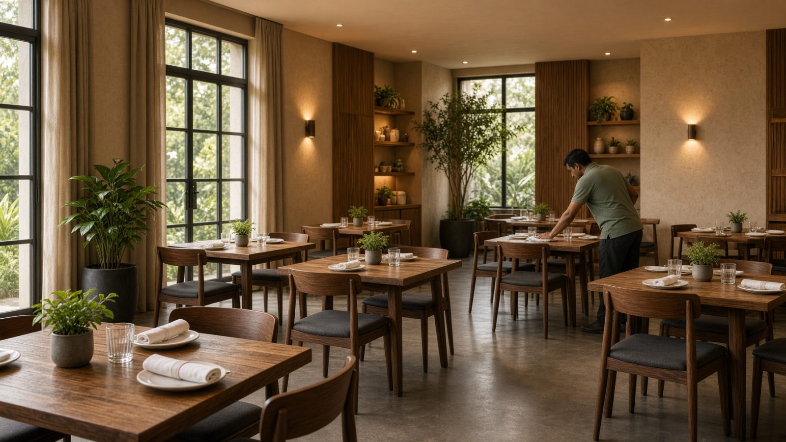 A dining room being cleaned before service